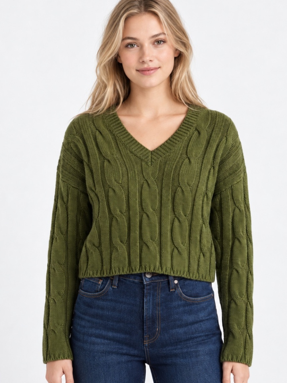 Madewell Olive Cable-Knit V-Neck Women's Sweater XXS